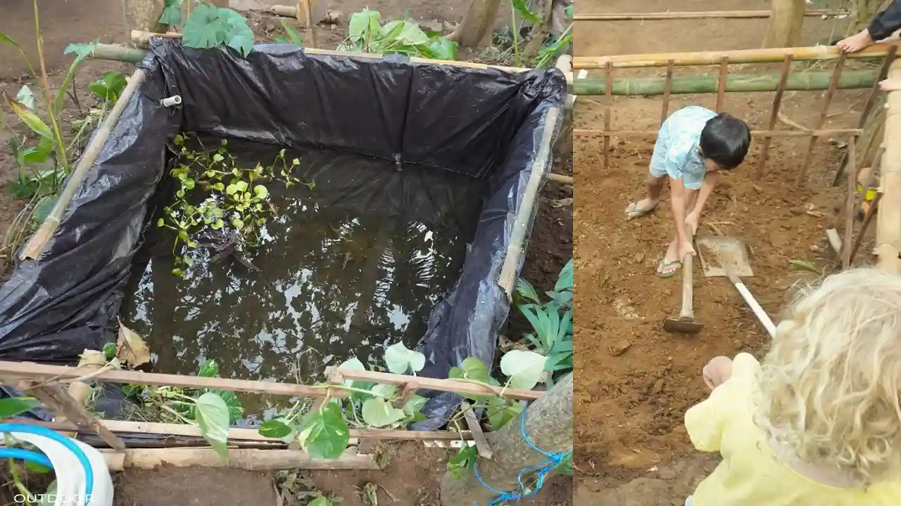 student Building a fish pond